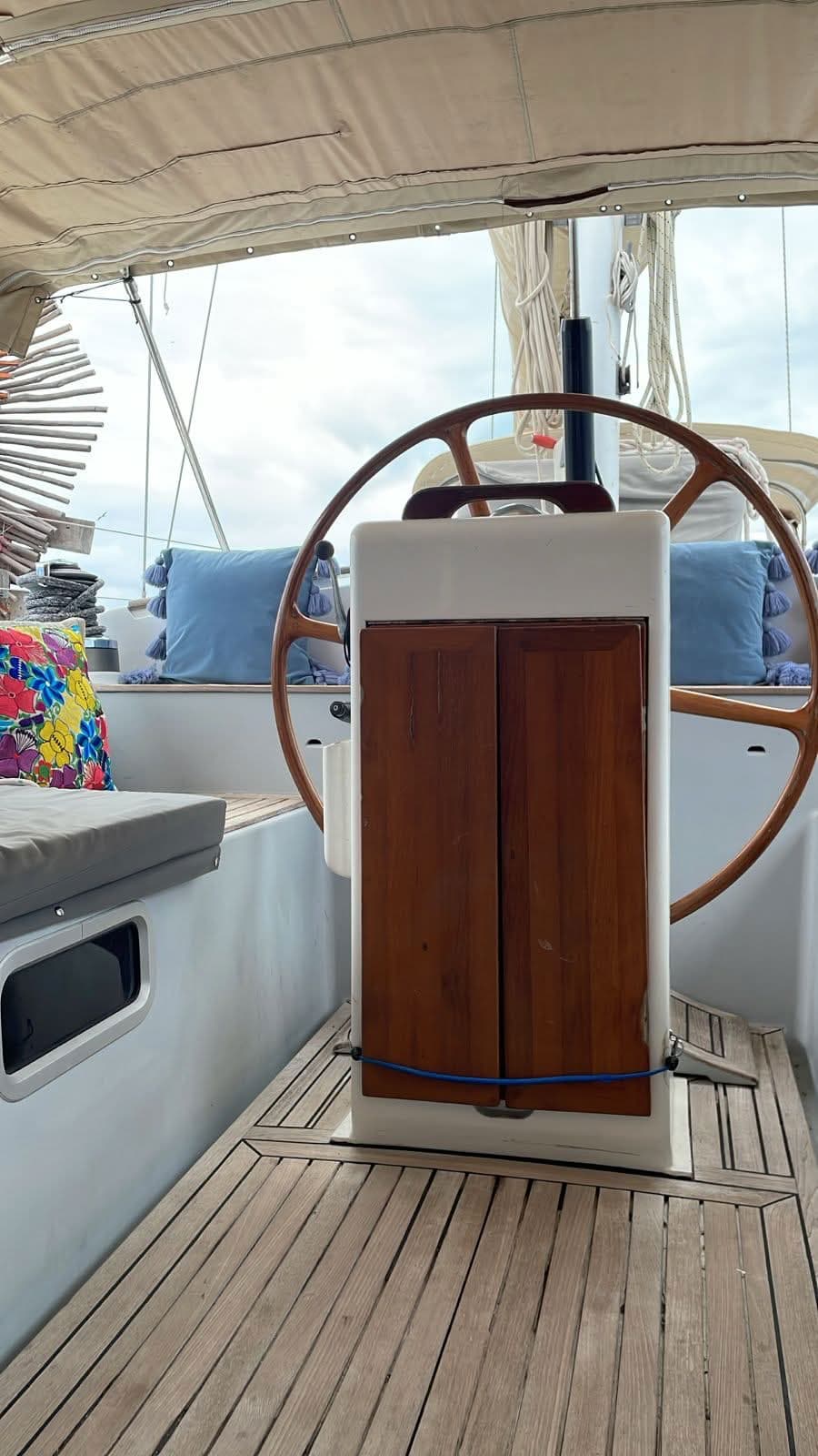 Flying Wing wooden wheel and teak cockpit under the bimini